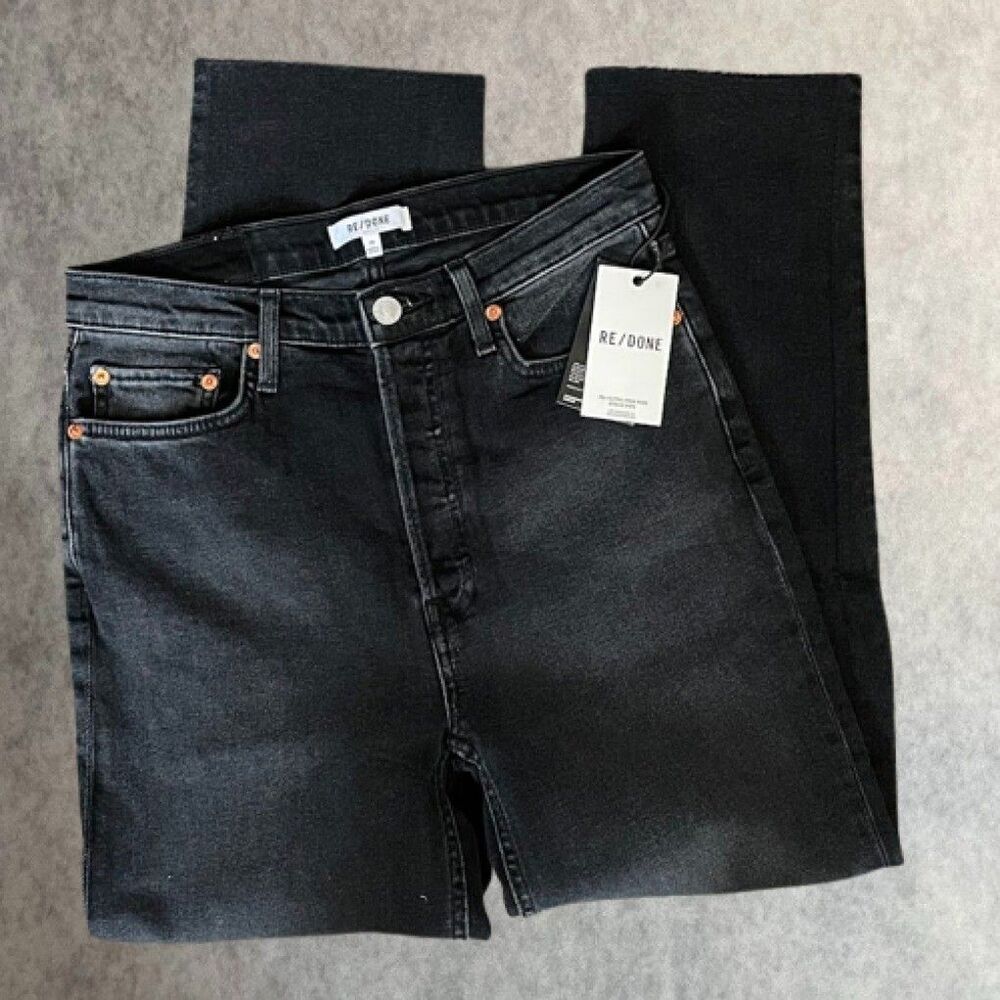 Re/Done 70s High Rise Stove Pipe Jeans Womens Sz 29 Black Straight Crop Hem $265